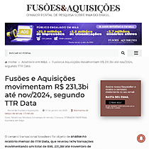 Fuses e Aquisies movimentam R$ 231,3bi at nov/2024, segundo TTR Data
